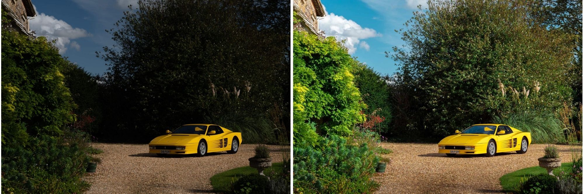 Yellow Ferrari Testarossa parked at country house edited to brighten